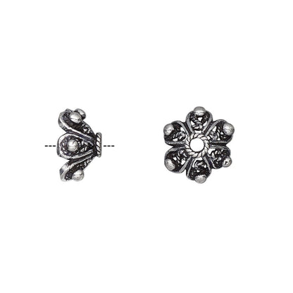 Antiqued Silver Plated White Brass Fancy Round Bead Caps, 11x6mm, 6 pcs