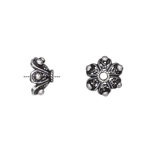 Antiqued Silver Plated White Brass Fancy Round Bead Caps, 11x6mm, 6 pcs