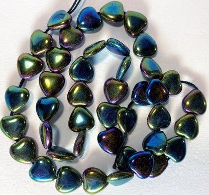 Czech Pressed Glass Iris Green FM Heart Beads, 10mm, 1 Strand (approx. 45)