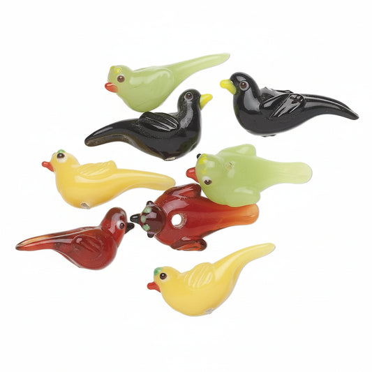 Lampwork Glass Bird Beads, Assorted Mix, 25x13mm, Set of 4