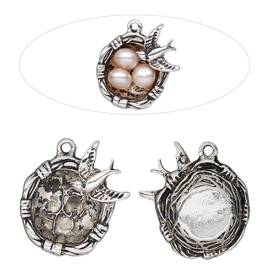 Antiqued Silver Plated Pewter 3D Bird's Nest Charms 24x22mm (2 pc)