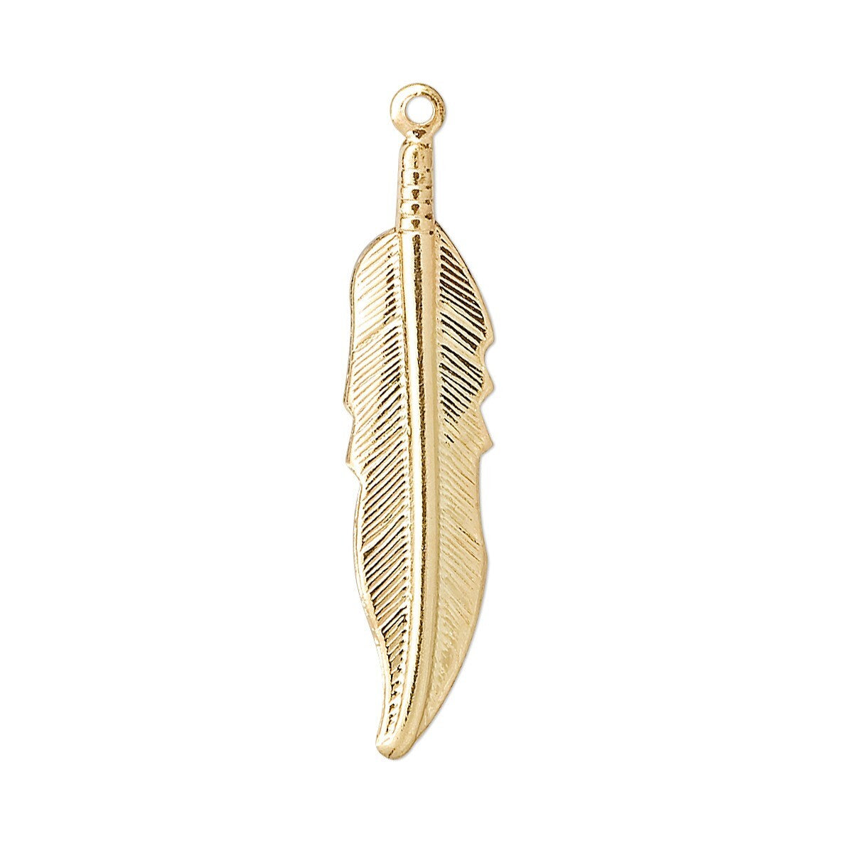 A single gold-toned feather pendant charm with a textured, ribbed design and a small hanging loop at the top, shown on a plain white background.