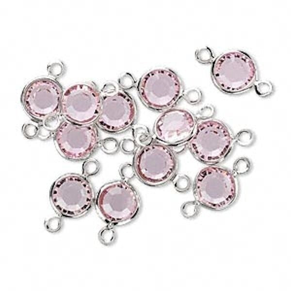 Rhodium Plated Brass Crystal Link Connectors, Light Rose Pink, 12mm, 12 pcs