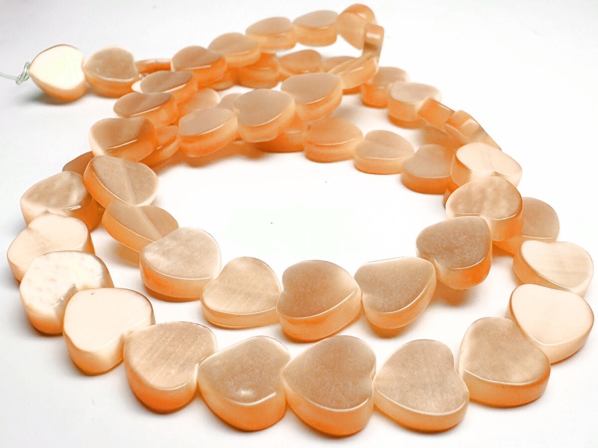 Orange Cat's Eye Fiber Optic Glass Flat Heart Beads, 8mm, 1 Strand (approx. 50)