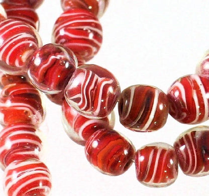 Clear, Red & White Swirl Lampworked Glass Beads, 10mm, 1 Strand (approx. 38-40)