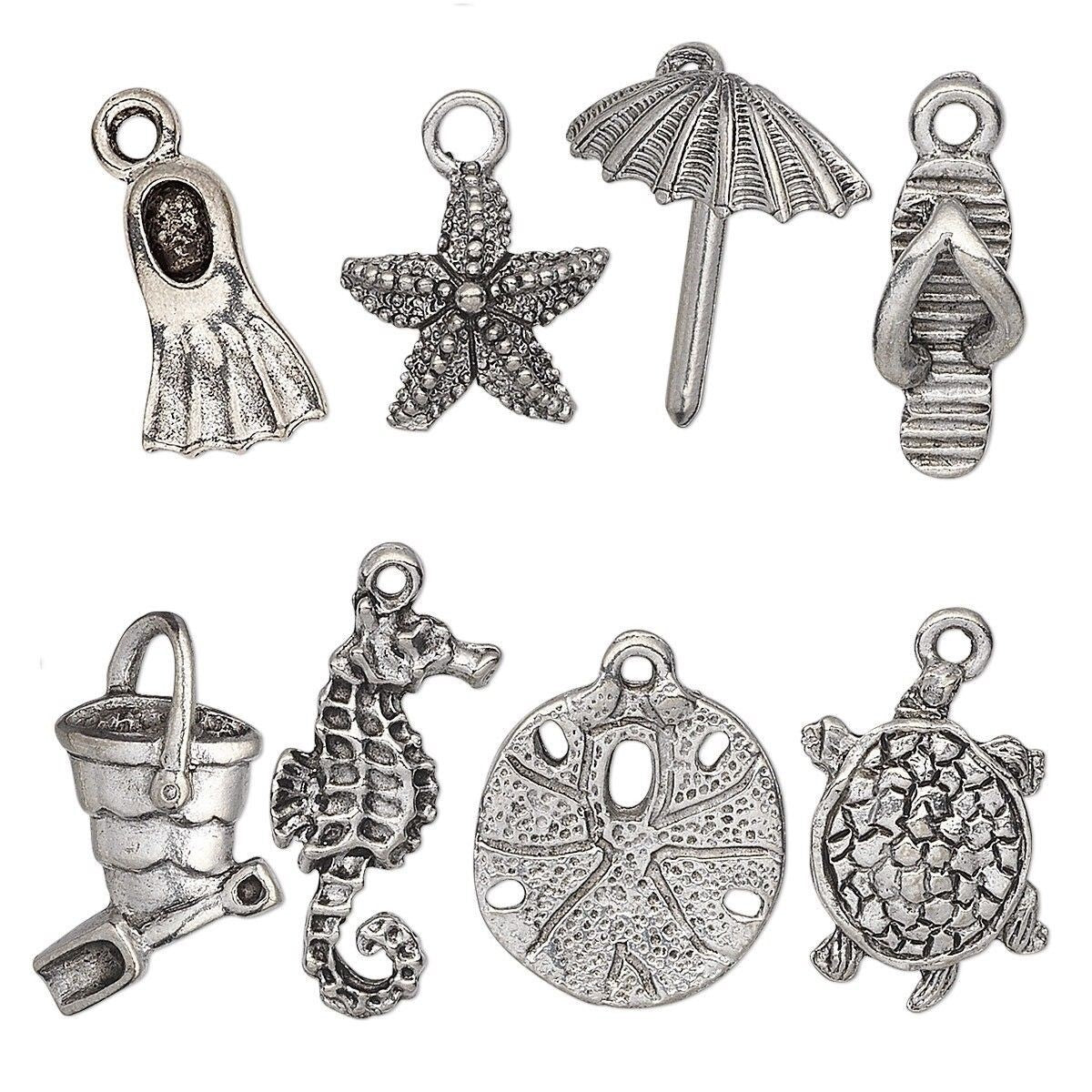 Sand & Sea Beach Charm Set – 8 Antiqued Silver Pewter Charms