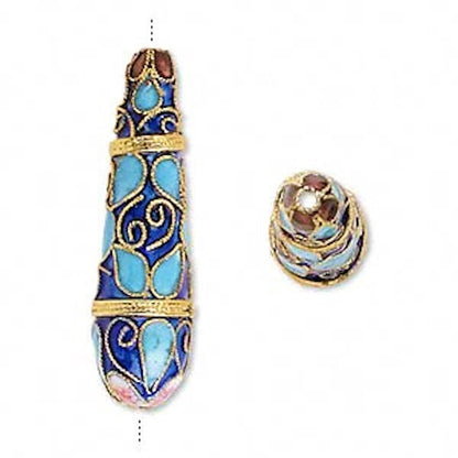 Blue Cloisonné Long Teardrop Beads 11x40mm, 2 pcs
