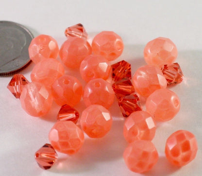 Czech Vintage Frosted Red-Orange & Swarovski Bead Mix, 24 pcs