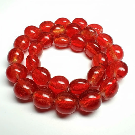 Lampwork Glass Puffed Coin Beads, Hyacinth Red with Silver Foil, 12mm, 1 strand