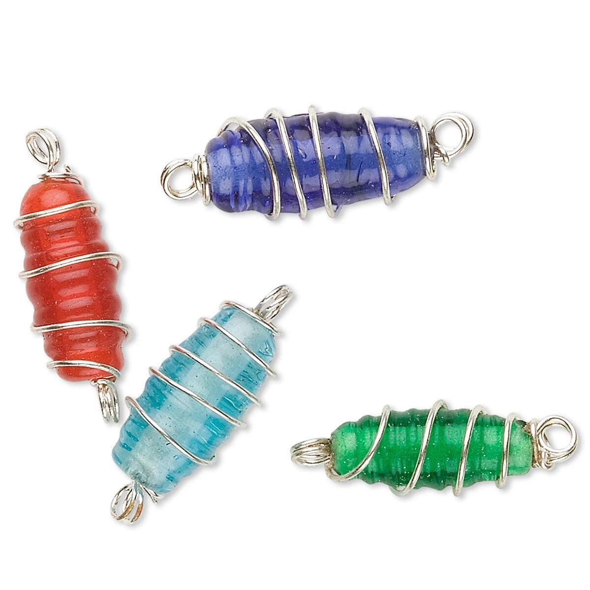 Silver Plated Wire Wrapped Oval Glass Bead Connectors, 17x7mm, 25 pcs