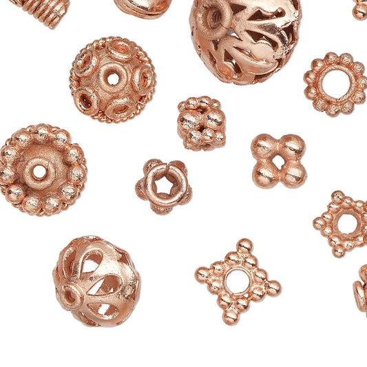 Copper Bead & Bead Cap Design Mix, Assorted Sizes, 50g (60-70 pcs)