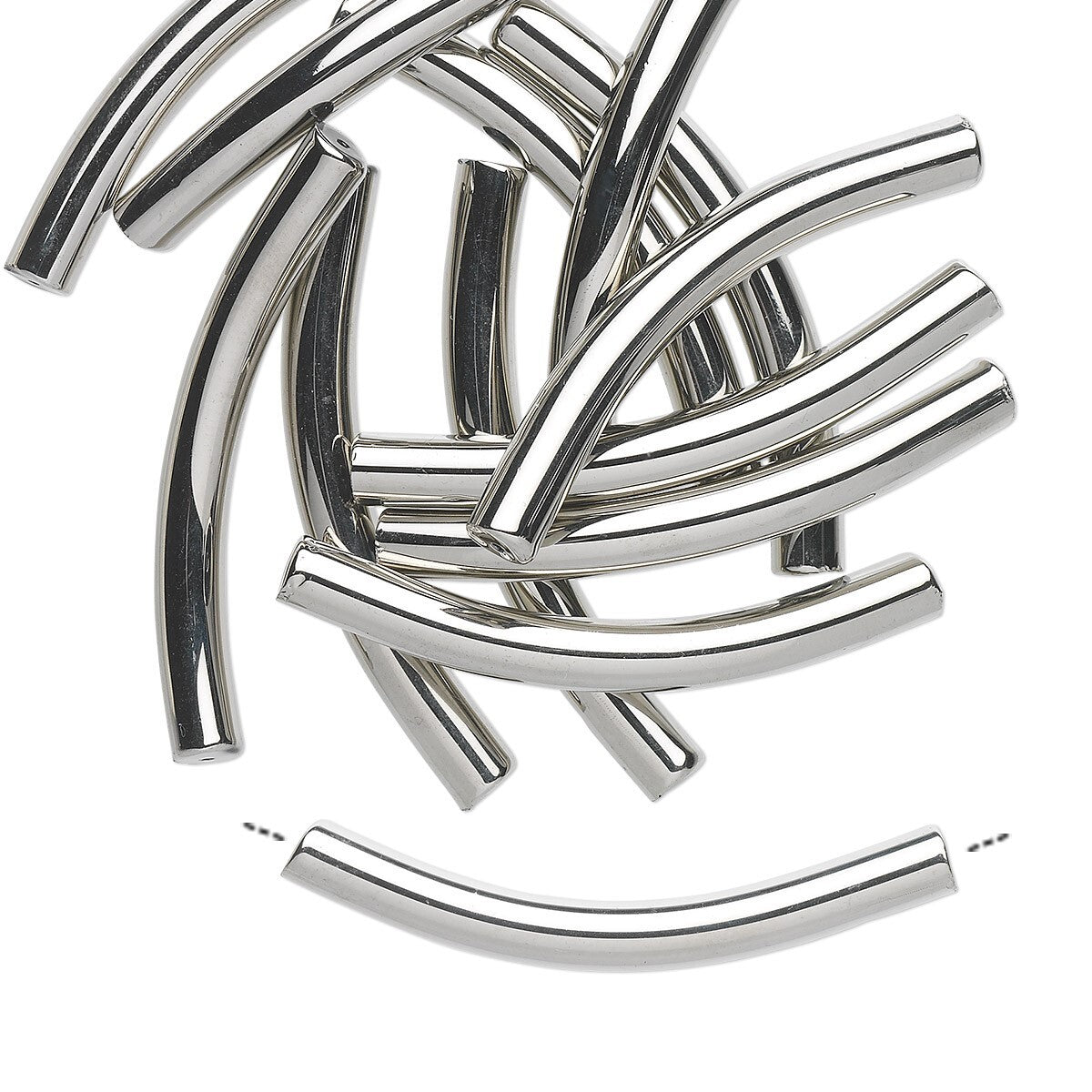 Glass 45x5mm Curved Tube Beads, Metallic Silver, 12 pcs