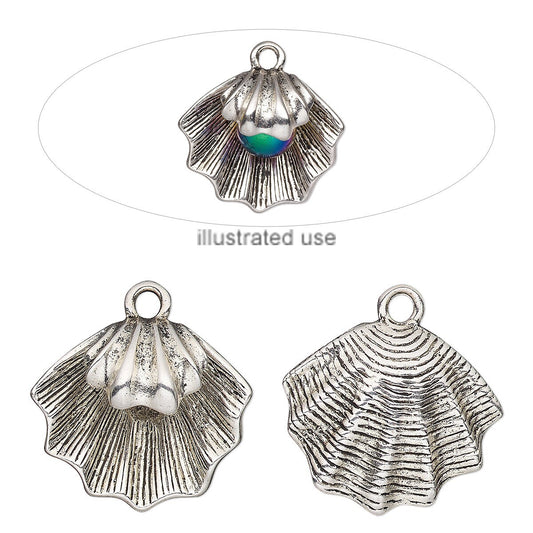 Antiqued Silver Plated Pewter 3D Clam Shell Charm 27.5x25mm (1 pc)