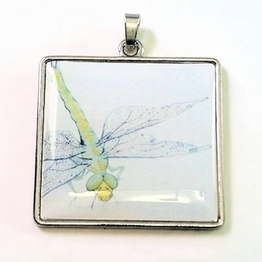 Silver Plated Steel Dragonfly Square Focal Pendant with Bail, 37x40mm