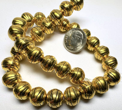 Beads, Antiqued Gold Plated Brass, Round Line Design, 9mm, 30 pcs