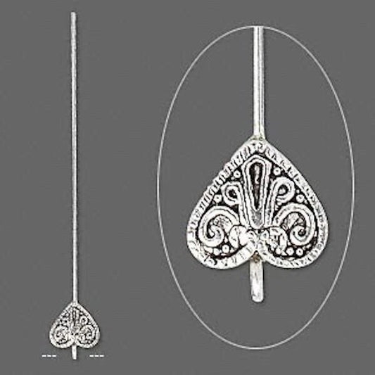 Antiqued Silver Pewter Heart Head Pins with Loop, 3-3.5 inch, 18 Gauge, 4 pcs