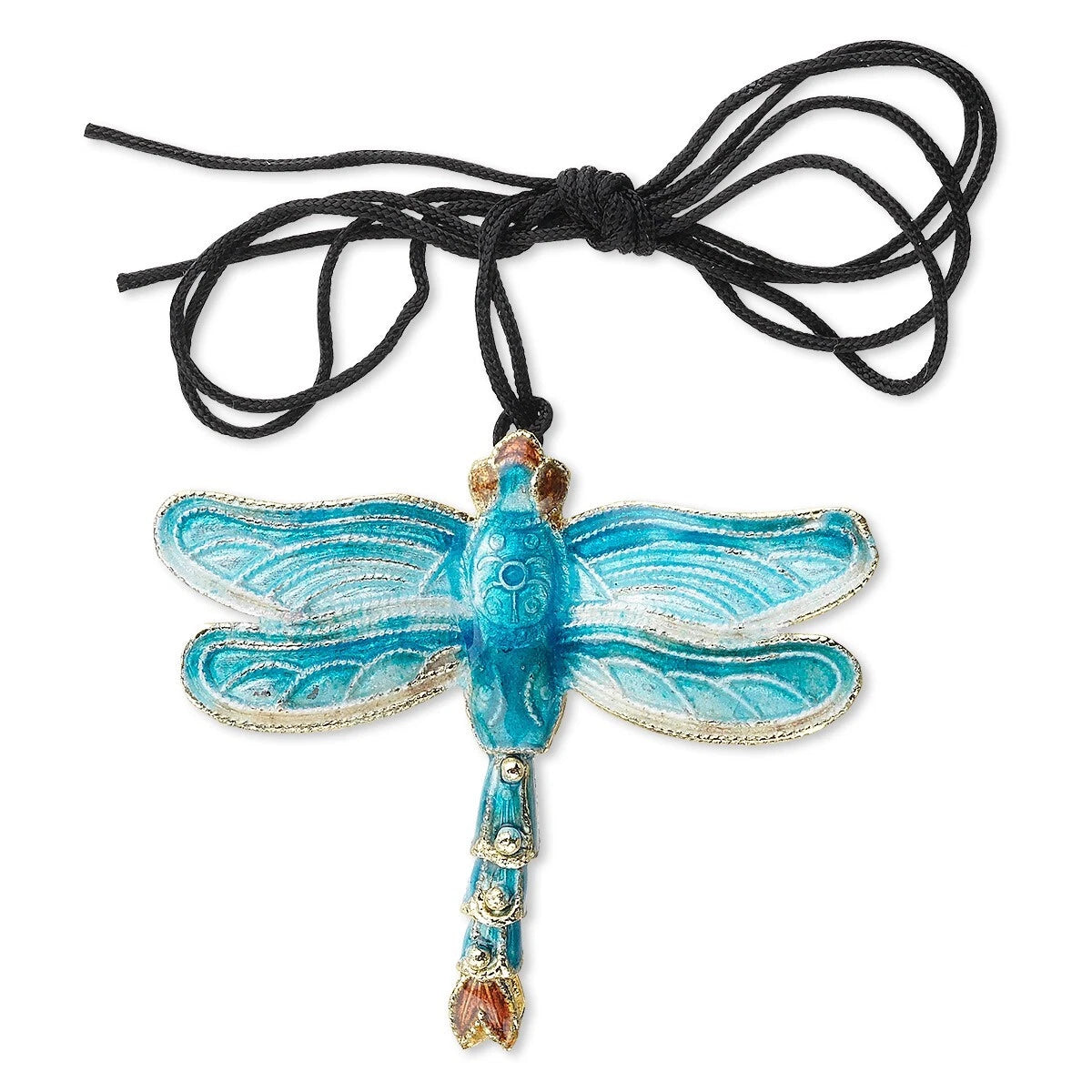 Pendant, 1 Cloisonné Copper 52x47mm (approx. 2 x 1-7/8 inch) Aqua Blue Dragonfly with Black Cord