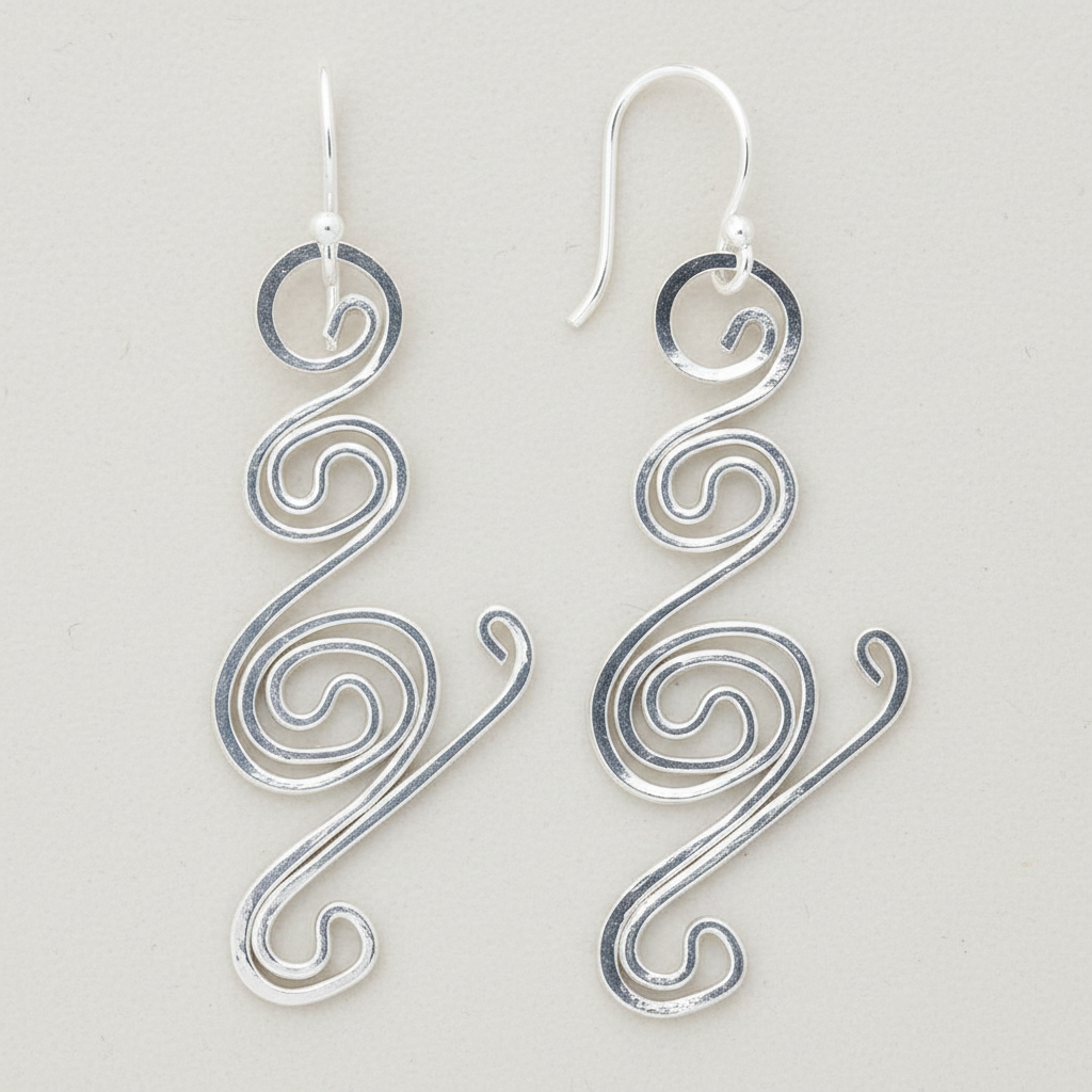 Sterling Silver Wire Work Freeform Swirl Earrings, 45x19mm