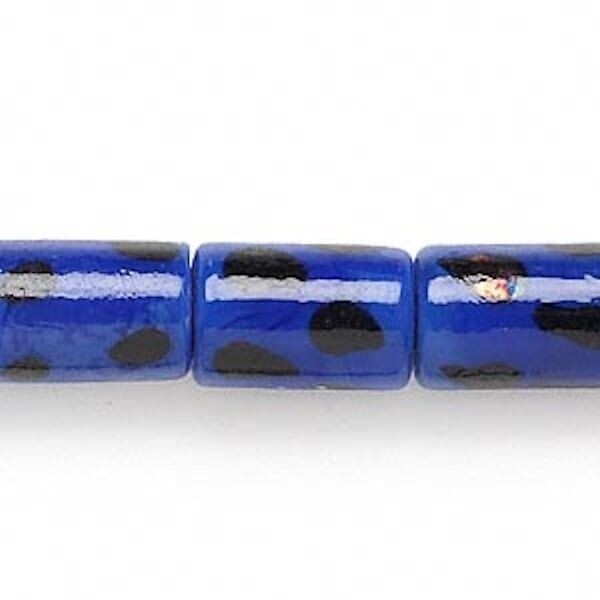 Lampwork Glass Opaque Blue with Black Polka Dots Tube Beads 16x10mm (approx. 25 pc)