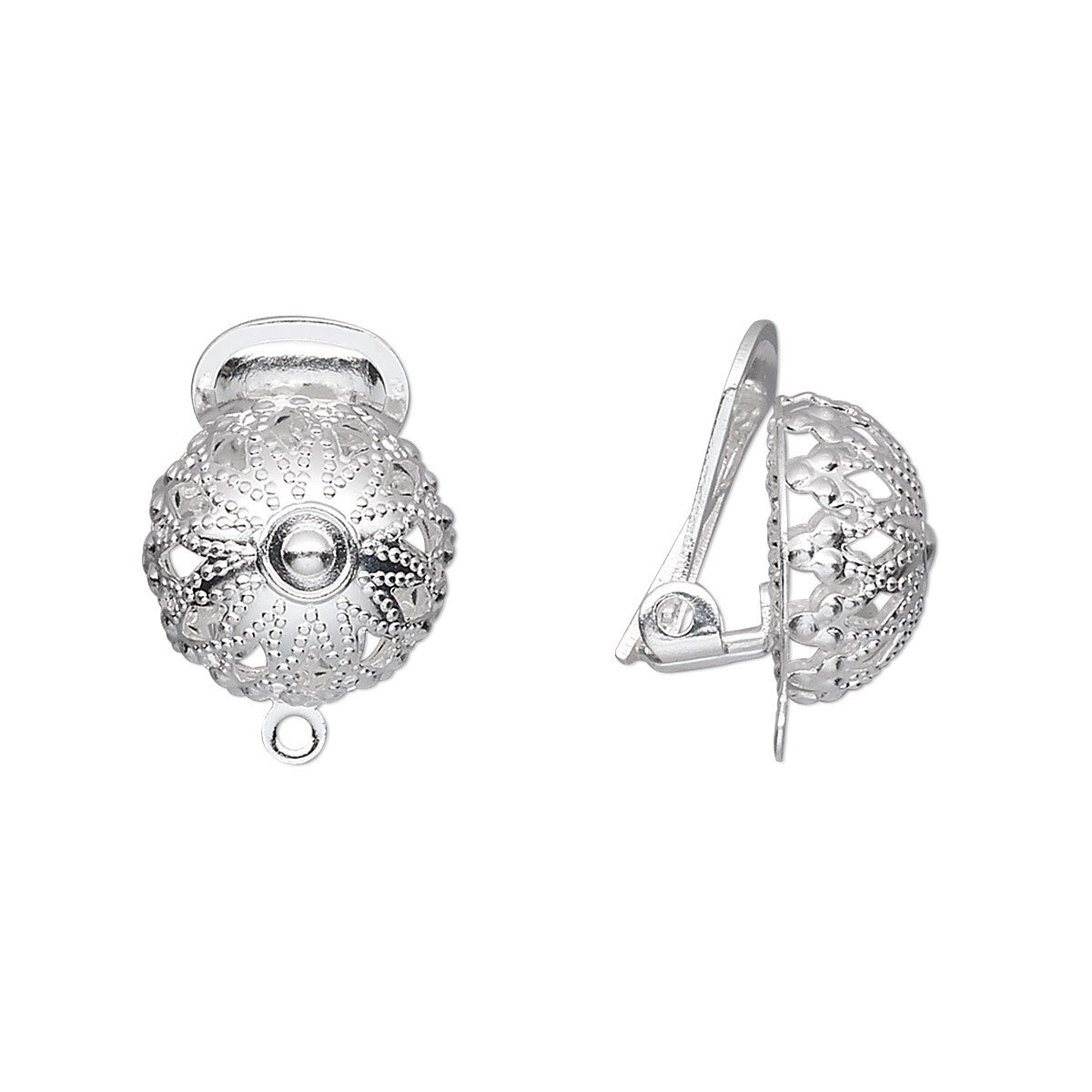 Sterling silver filigree ball stud earring shown from two angles: a front view displaying the intricate openwork pattern and a side profile view showing the fishhook clasp.