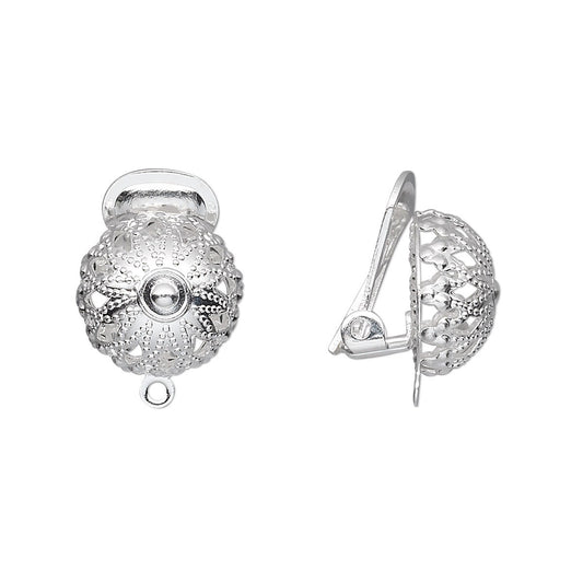 Sterling silver filigree ball stud earring shown from two angles: a front view displaying the intricate openwork pattern and a side profile view showing the fishhook clasp.