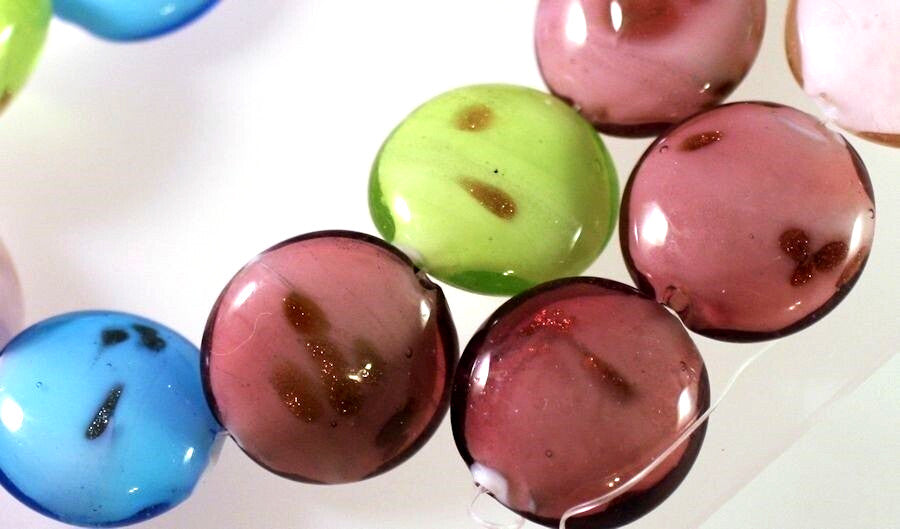 Lampwork Glass Assorted Foil 22-23mm Puffy Coin Beads, 1 Strand (approx. 16-18)