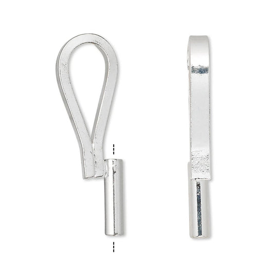 A pair of silver-toned metal jewelry findings, including a loop clasp and a flat connector piece, shown on a plain white background.