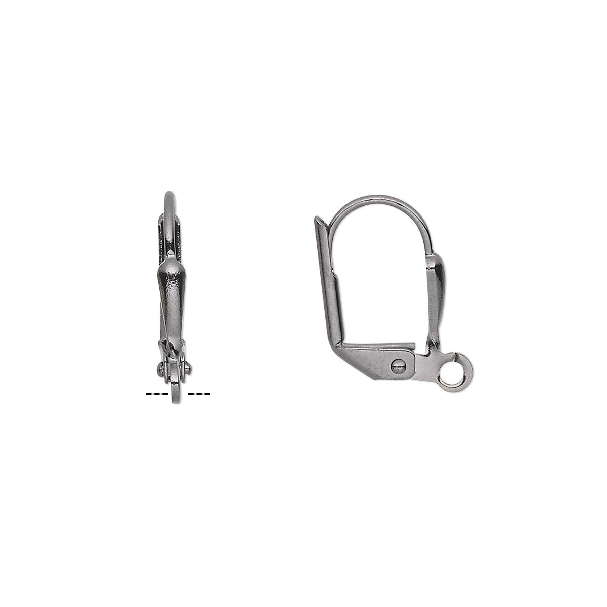 Two silver-toned leverback earring findings shown on a plain white background, with one viewed from the front and the other from the side including a small dashed measurement guide.