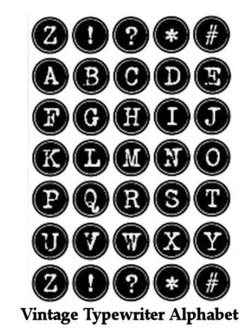 A typewriter-style alphabet sheet featuring black oval letters with white lettering, including uppercase letters A through Z, punctuation marks like exclamation marks, question marks, asterisks, and hashes, plus the text 'Vintage Typewriter Alphabet' below.
