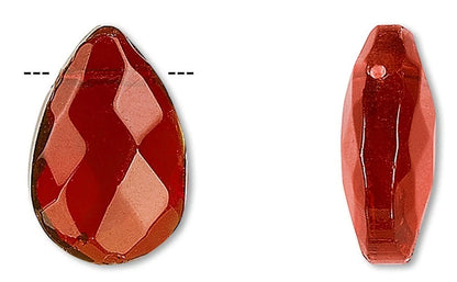 Two red faceted beads on a white background