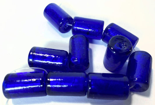 Lampwork Glass Sapphire Blue Silver Foil 11x18mm Barrel Beads, 10 pcs