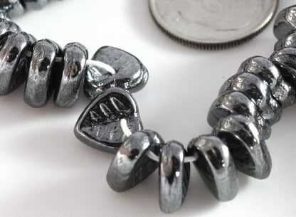 Czech Pressed Glass Hematite Grey Metallic Top-Drilled Leaf Beads 9x8.5mm (50 pc)