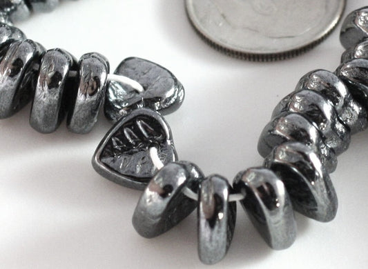 Czech Pressed Glass Hematite Grey Metallic Top-Drilled Leaf Beads 9x8.5mm (50 pc)
