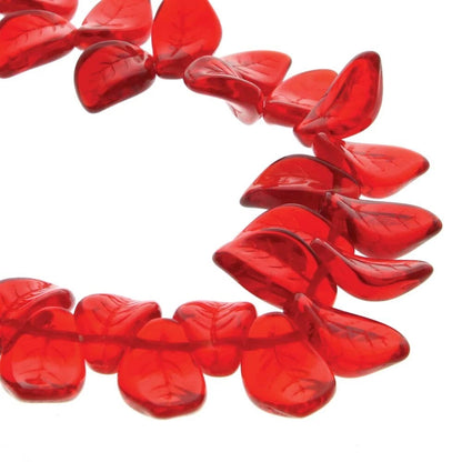 Czech Pressed Glass Wavy Leaf Beads, Transparent Red, 14x9x4mm, 1 Strand (approx. 50 pcs)