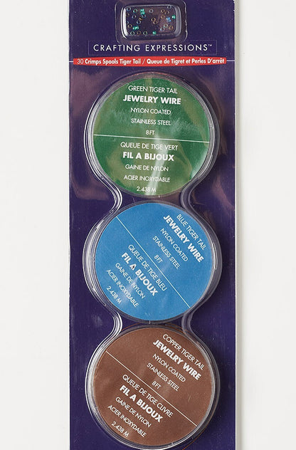Tiger Tail Beading Wire, Green Blue Copper, 7 Strand 0.015", 3 Spools with 30 Crimps
