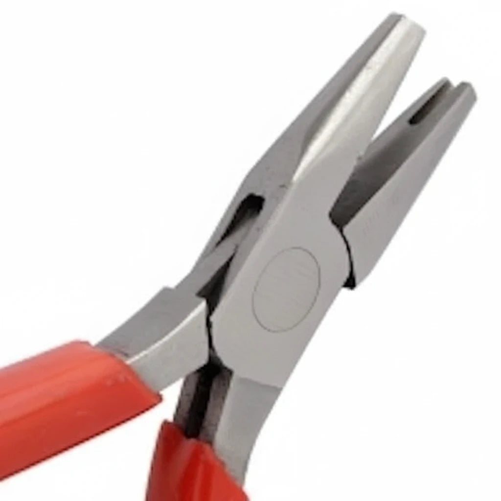 Close-up of a pair of needle-nose pliers with silver metal jaws and red handles on a plain white background.