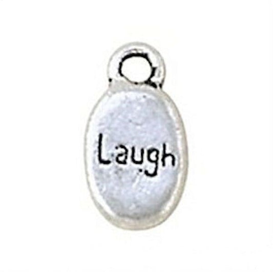 Antiqued Silver Brass "Laugh" Word Oval Charm Drops, 9x15mm, 10 pcs