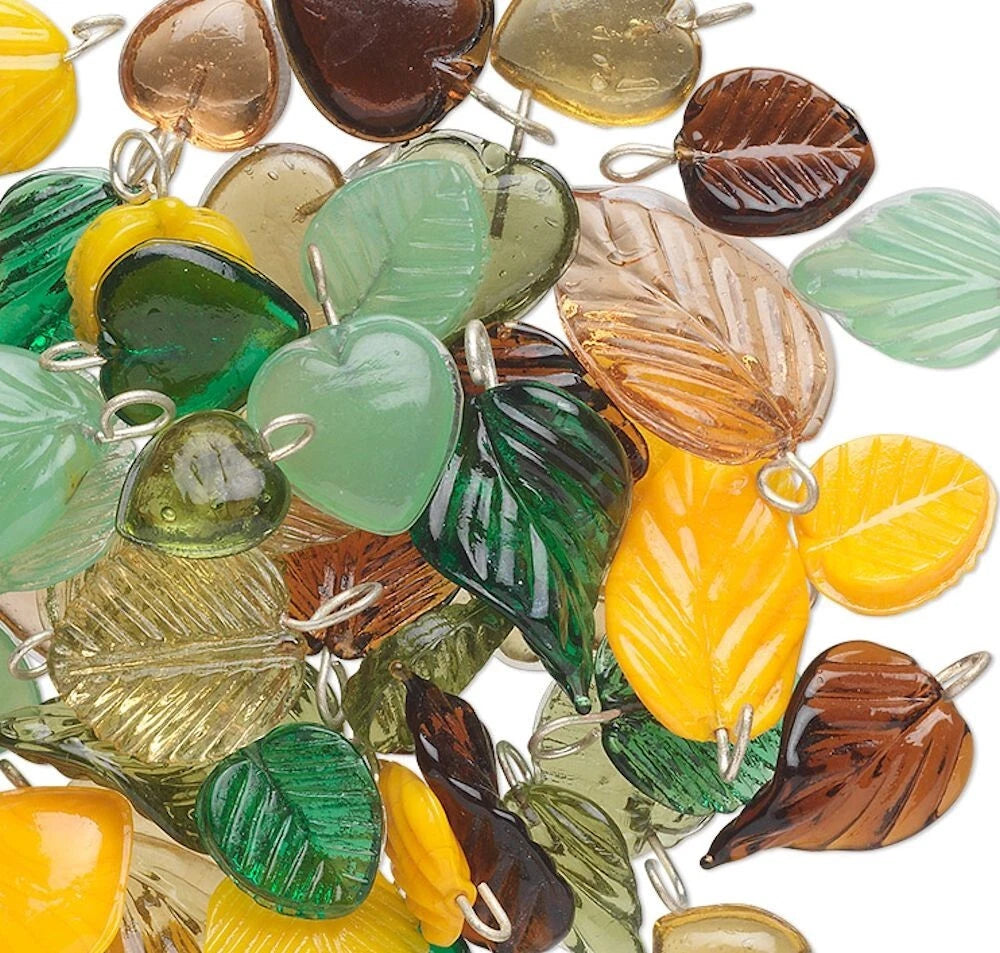 Fall Glass Charm Pendants, Heart & Leaf Mix - Approx. 50-55 pcs