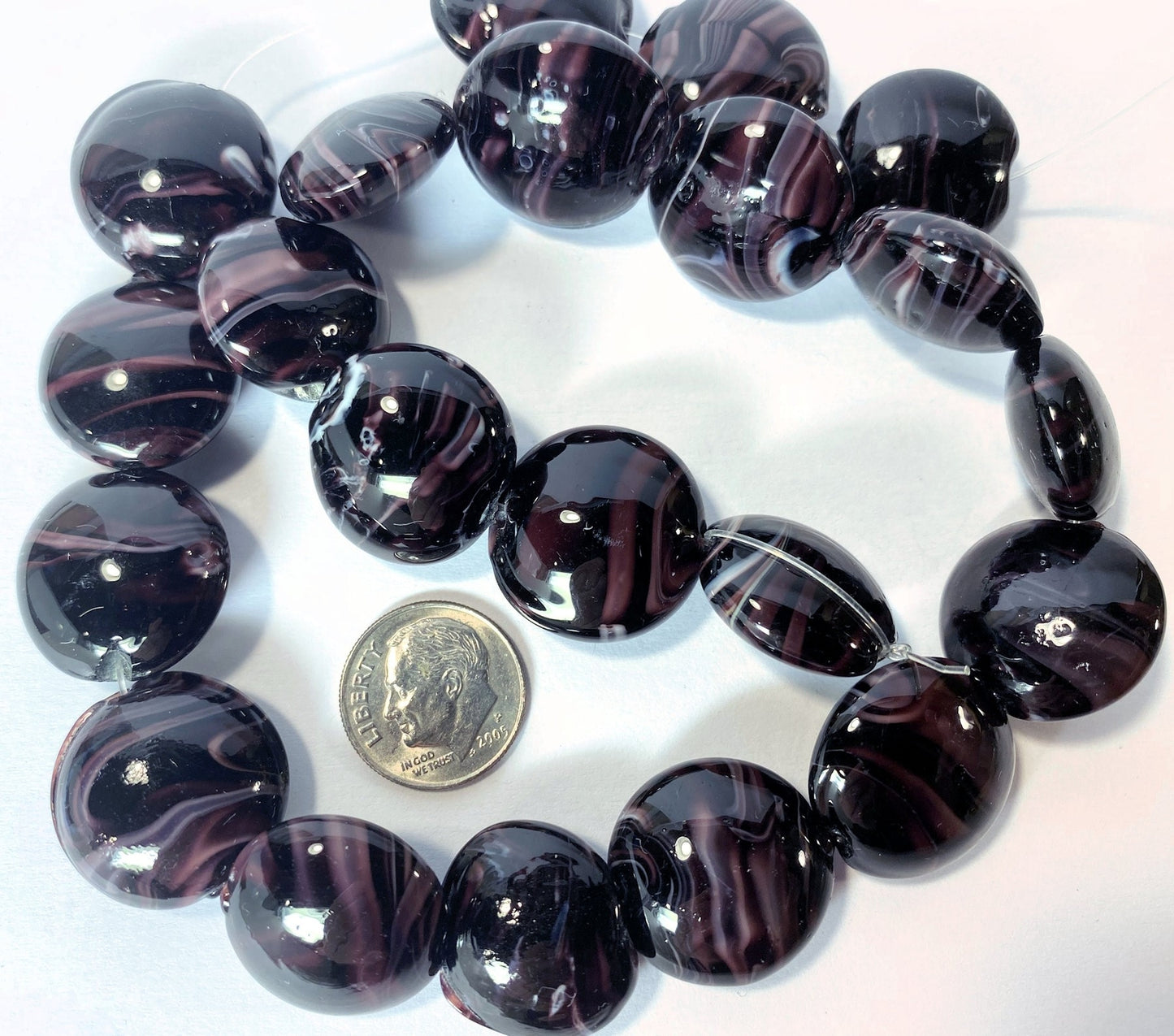 Lampwork Glass Dark Purple White Swirl 18-21mm Puffed Coin Beads, 1 Strand (approx. 19-21)
