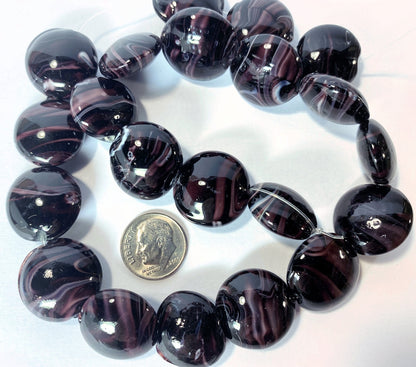Lampwork Glass Dark Purple White Swirl 18-21mm Puffed Coin Beads, 1 Strand (approx. 19-21)