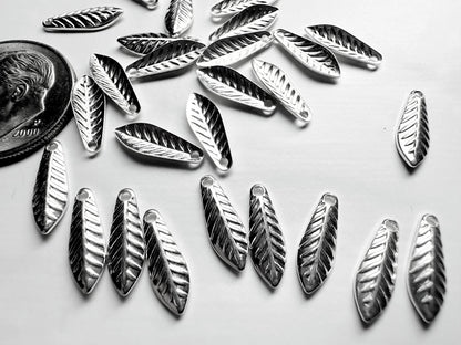 Silver Plated Brass Curved Leaf Drop Charms, 11.5x4mm, 144 pcs