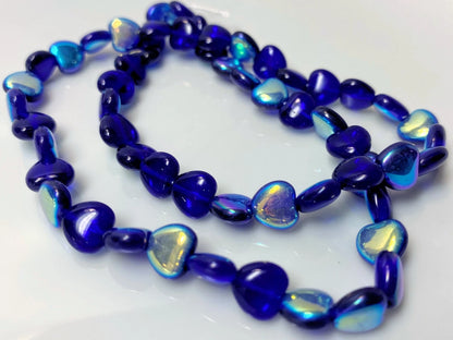 Czech Light Cobalt Blue AB Pressed Glass Heart Beads, 8mm, 1 Strand (approx. 50)