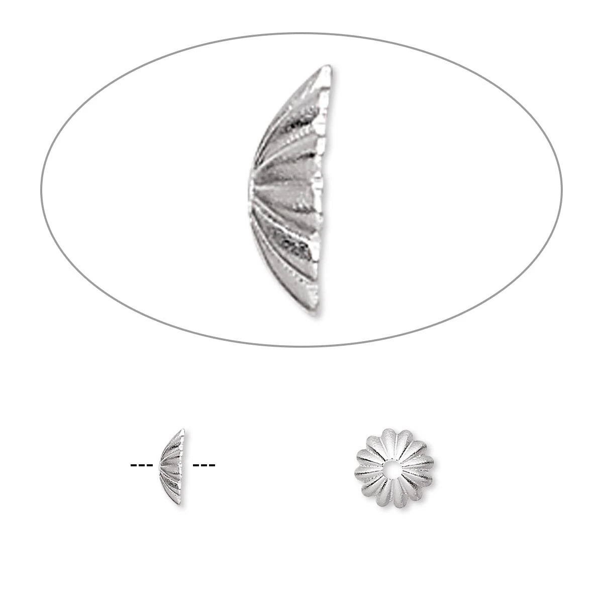Silver Plated Brass Ribbed Bead Caps, 6x1.5mm, 100 pcs