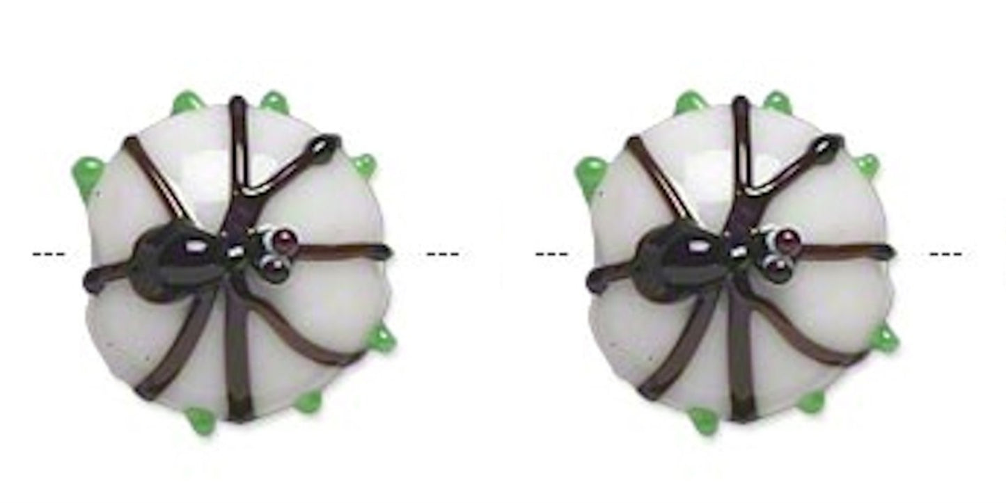 Lampwork Glass White & Black Double-Sided Spider 15x13mm Halloween Beads, 2 pcs