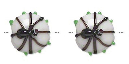 Lampwork Glass White & Black Double-Sided Spider 15x13mm Halloween Beads, 2 pcs