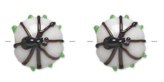 Lampwork Glass White & Black Double-Sided Spider 15x13mm Halloween Beads, 2 pcs