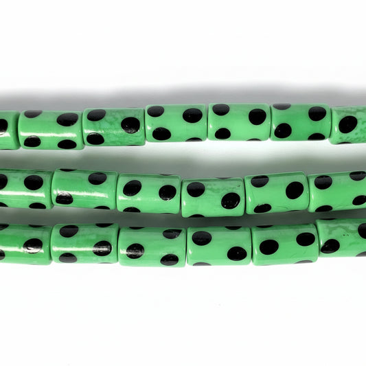 Lampworked Glass Green & Black Polka Dot Tube Beads, 16-17mm, 1 Strand (approx. 25)