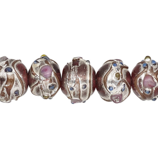 Lampwork Glass Rondelle Beads, Pink with Silver & Gold Foil Accents, 11x13mm, 30 pcs
