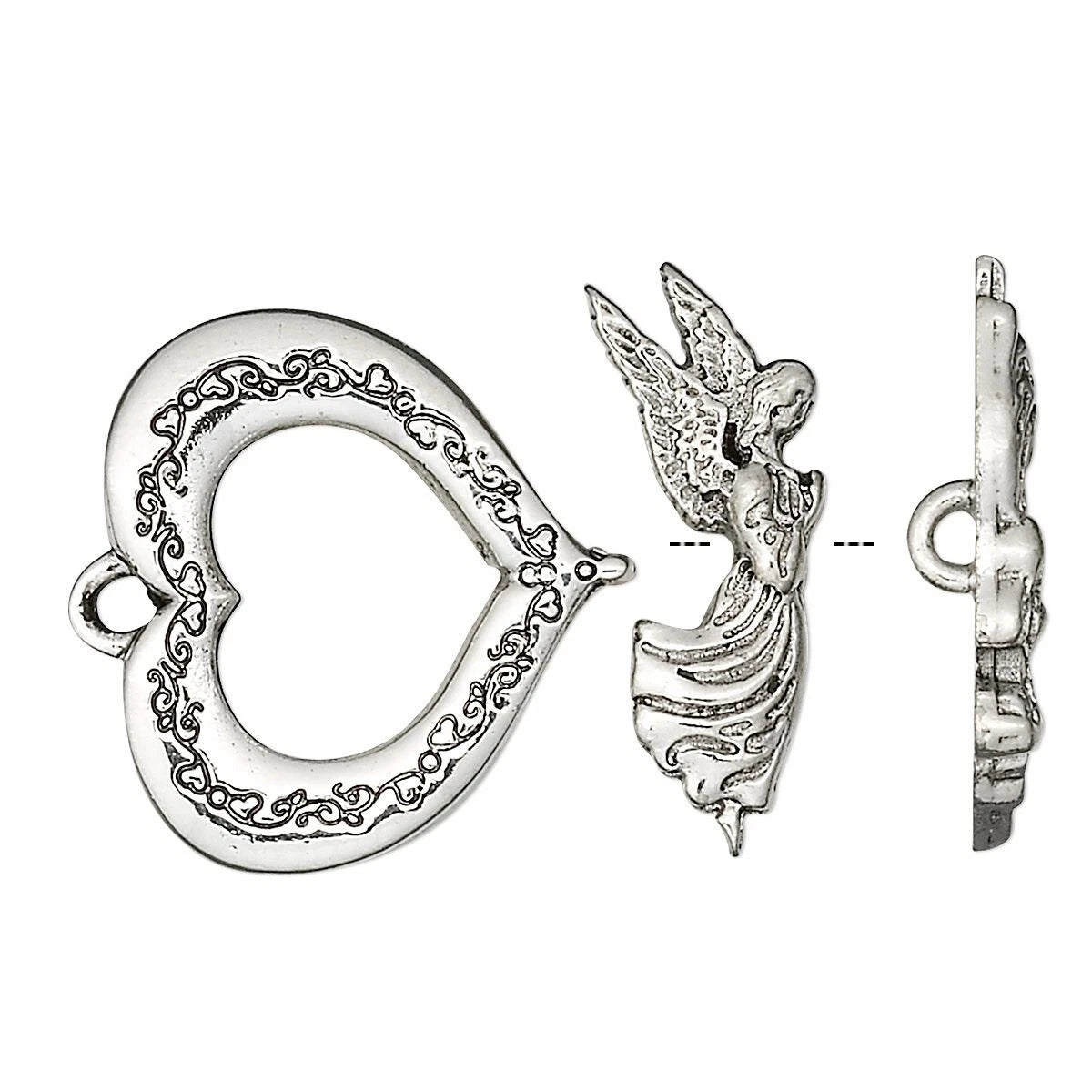 Silver-toned metal jewelry findings set including a heart-shaped clasp with ornate scrollwork, an angel figurine charm, and a side profile view of the clasp on a plain white background.