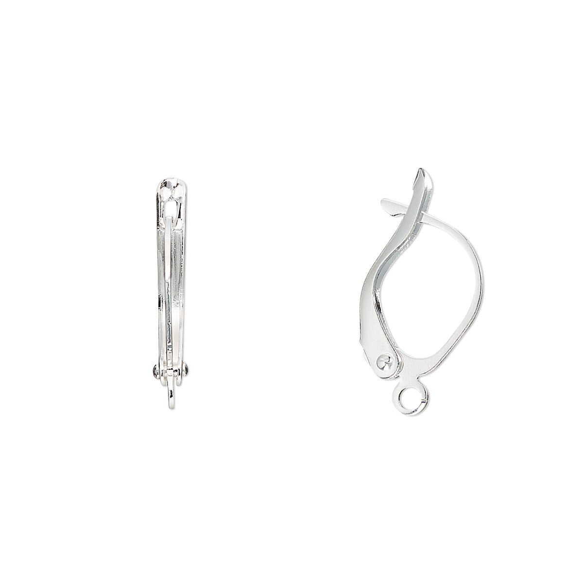 A pair of polished silver huggie hoop earrings shown from two angles on a plain white background, one displaying the front closure and the other showing the side profile with a small hanging loop.